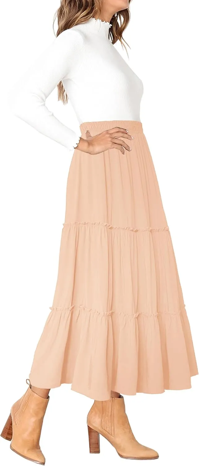 Afibi Womens High Waist A Line Ruffle Swing Long Maxi Skirt with Pockets