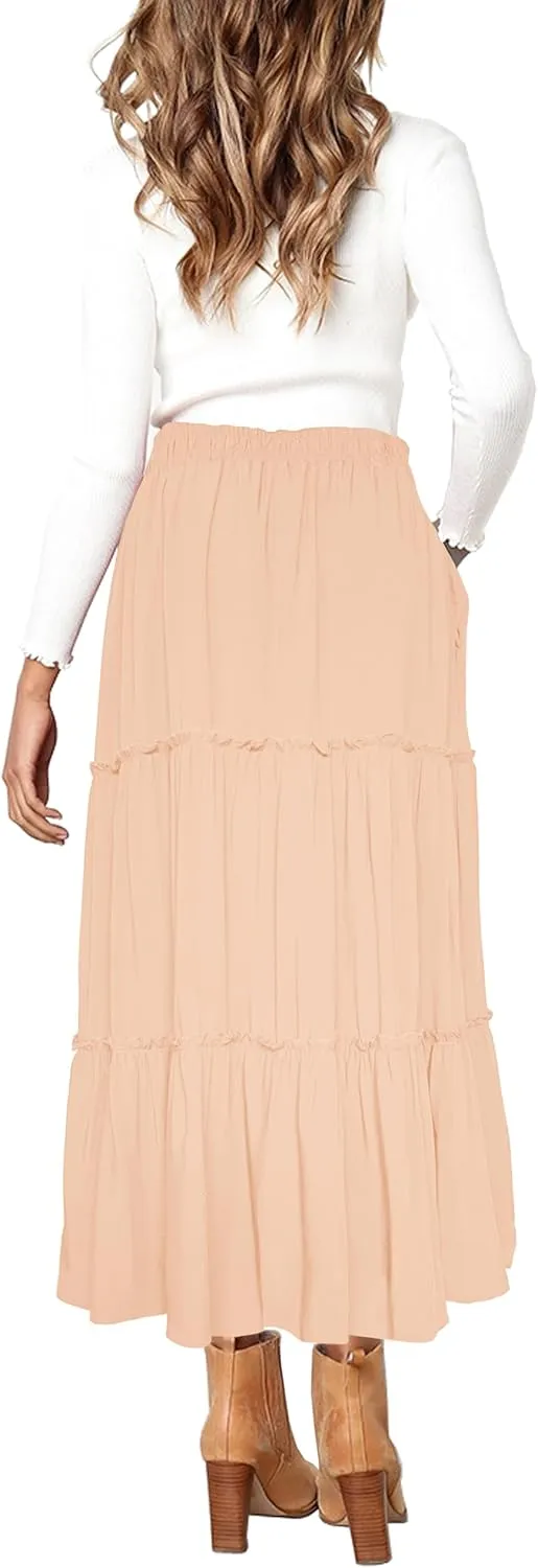 Afibi Womens High Waist A Line Ruffle Swing Long Maxi Skirt with Pockets