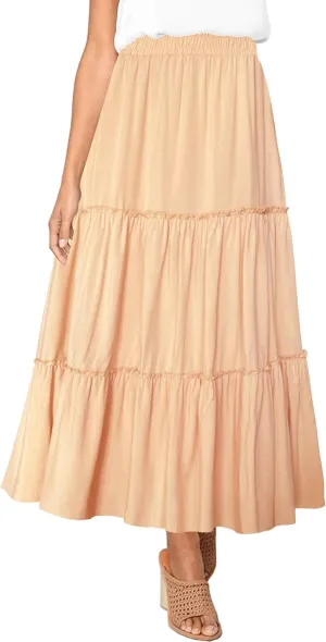 Afibi Womens High Waist A Line Ruffle Swing Long Maxi Skirt with Pockets