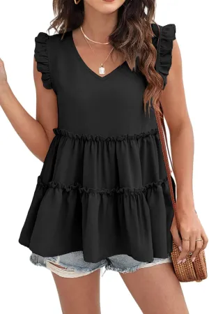 AGSEEM Womens Babydoll Tank Tops V Neck Ruffle Sleeve Pleated Peplum Shirts Summer
