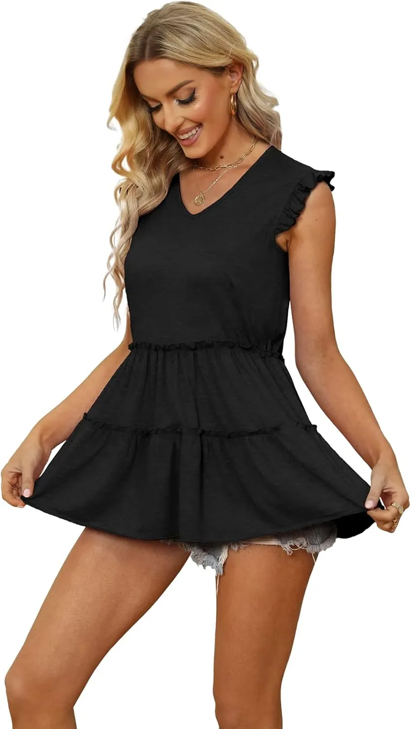 AGSEEM Womens Babydoll Tank Tops V Neck Ruffle Sleeve Pleated Peplum Shirts Summer