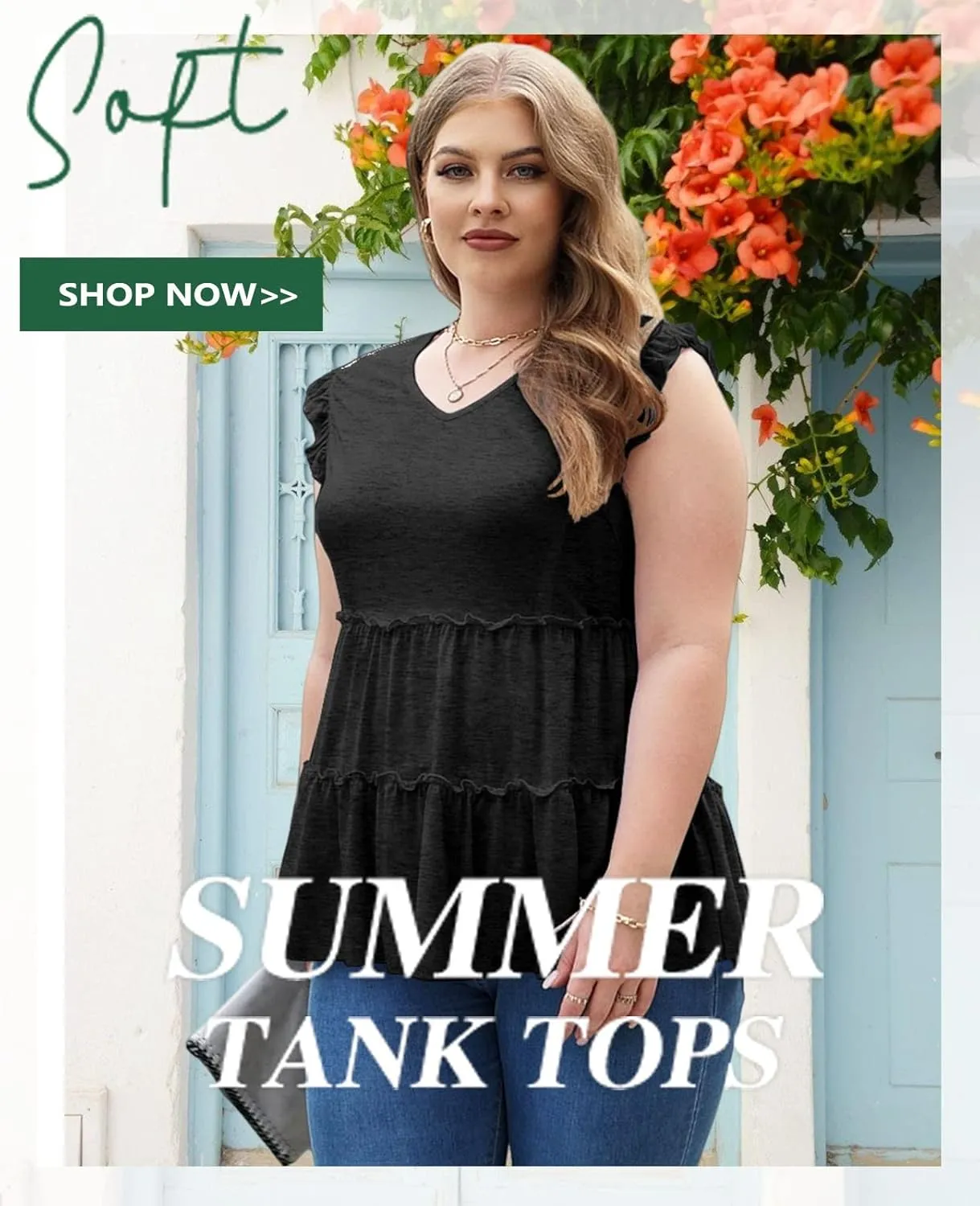 AGSEEM Womens Babydoll Tank Tops V Neck Ruffle Sleeve Pleated Peplum Shirts Summer
