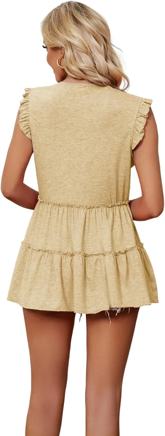 AGSEEM Womens Babydoll Tank Tops V Neck Ruffle Sleeve Pleated Peplum Shirts Summer