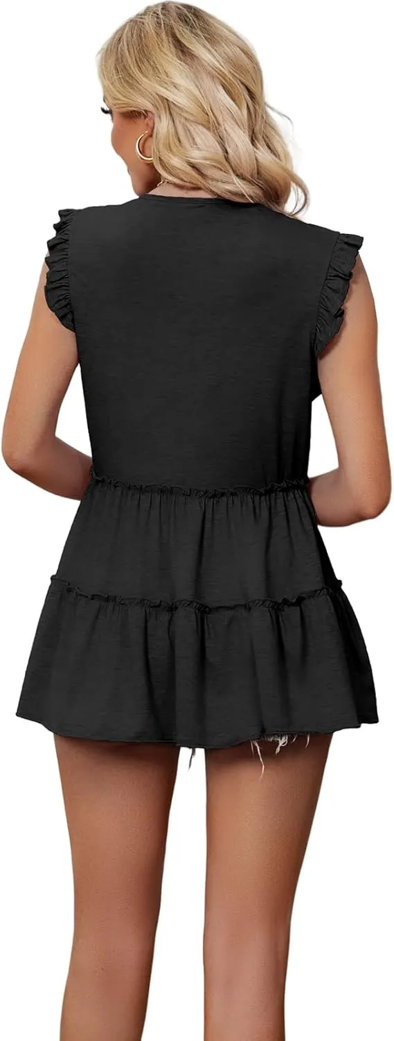 AGSEEM Womens Babydoll Tank Tops V Neck Ruffle Sleeve Pleated Peplum Shirts Summer