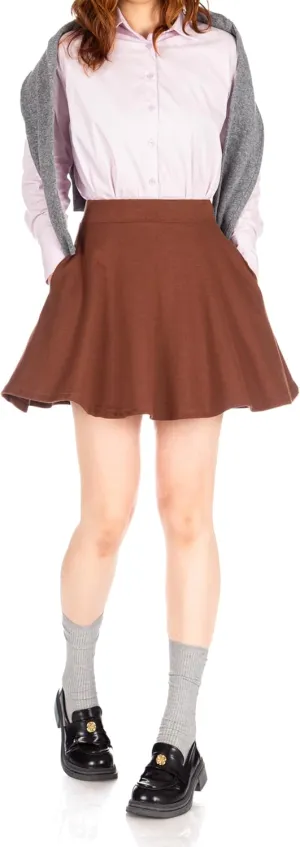 Basic Solid Stretchy Cotton High Waist A-line Flared Casual Skater Mini Skirt
