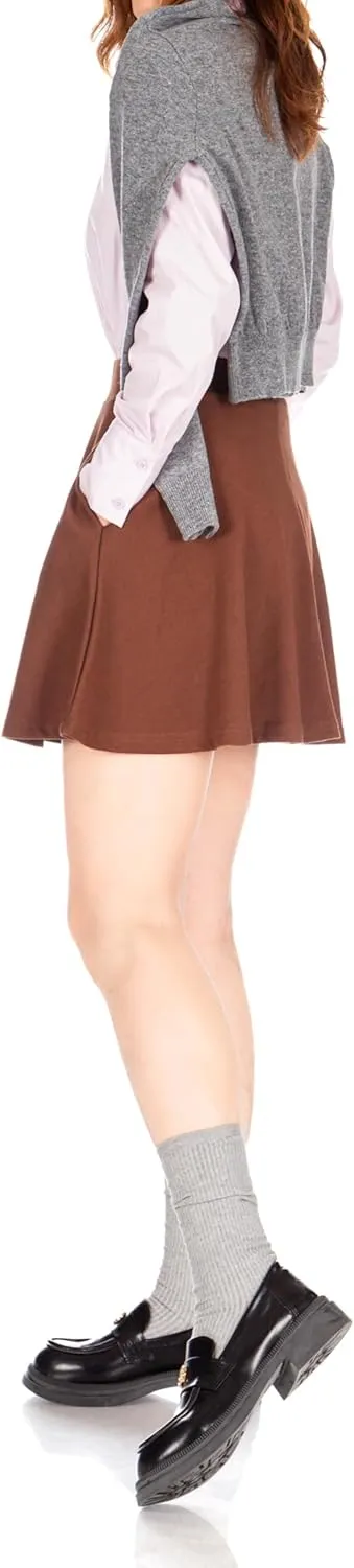 Basic Solid Stretchy Cotton High Waist A-line Flared Casual Skater Mini Skirt