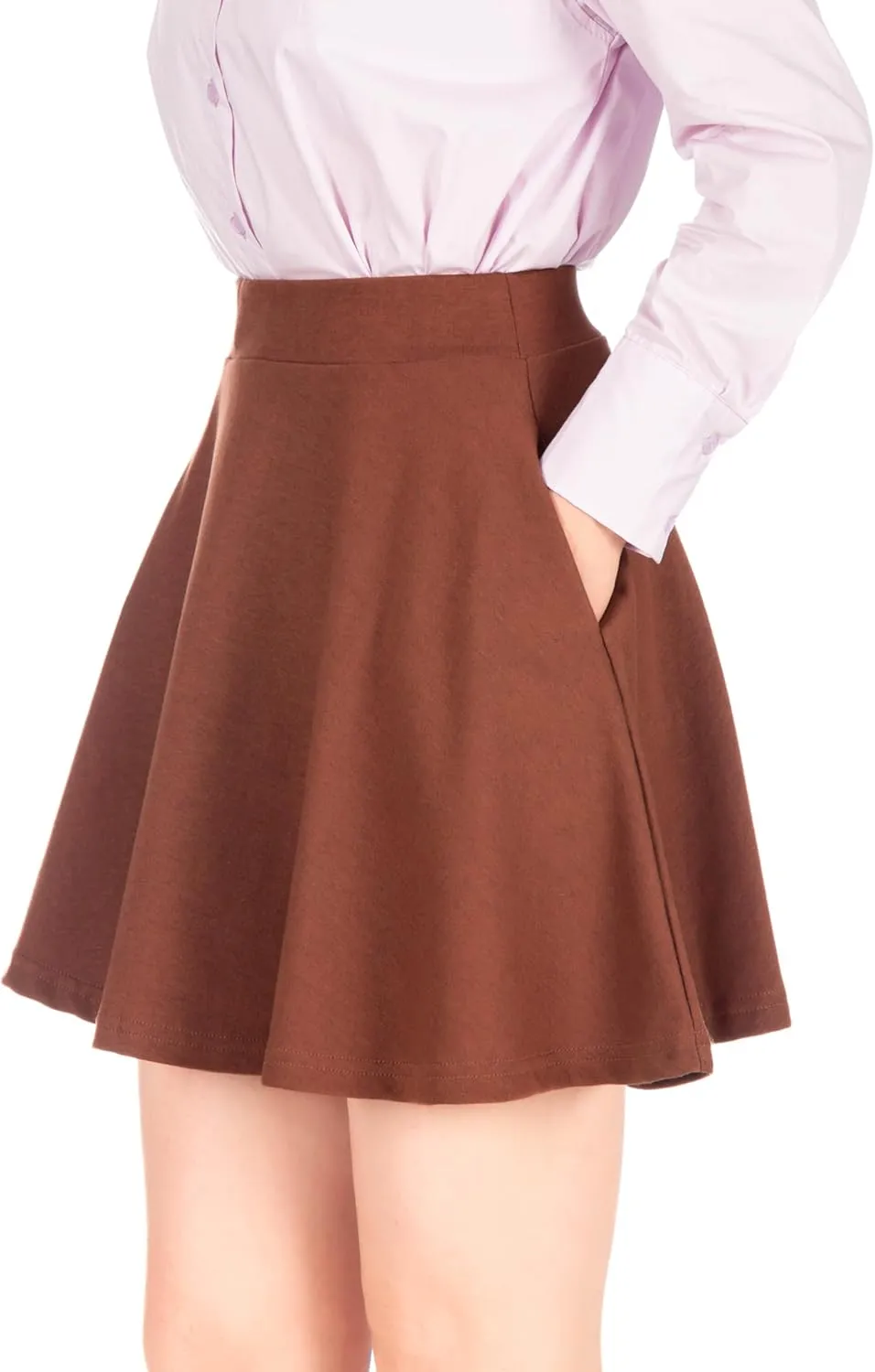 Basic Solid Stretchy Cotton High Waist A-line Flared Casual Skater Mini Skirt