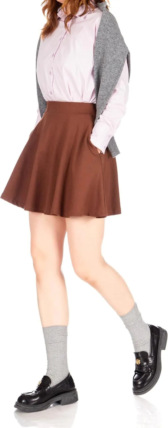 Basic Solid Stretchy Cotton High Waist A-line Flared Casual Skater Mini Skirt
