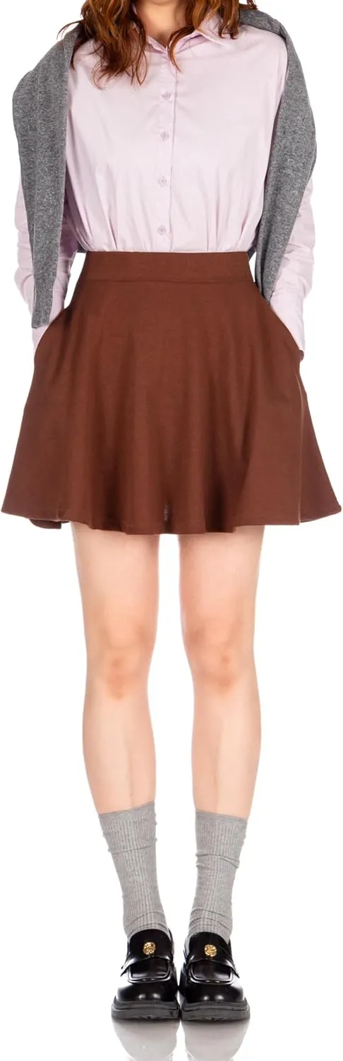 Basic Solid Stretchy Cotton High Waist A-line Flared Casual Skater Mini Skirt