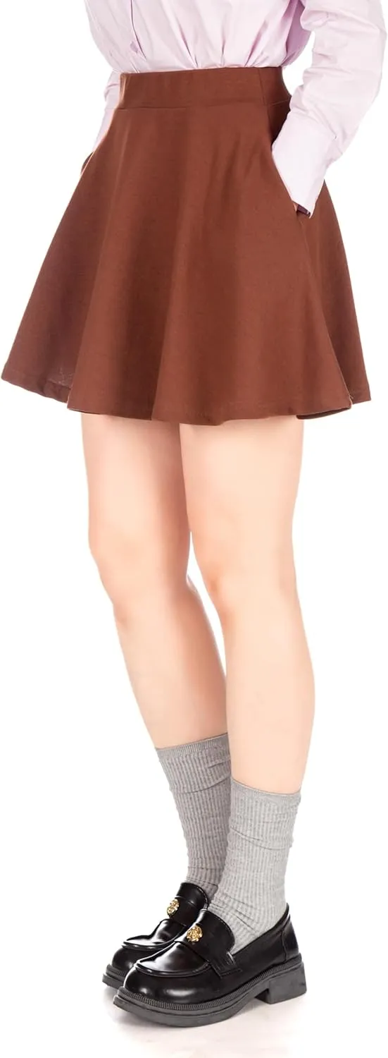 Basic Solid Stretchy Cotton High Waist A-line Flared Casual Skater Mini Skirt