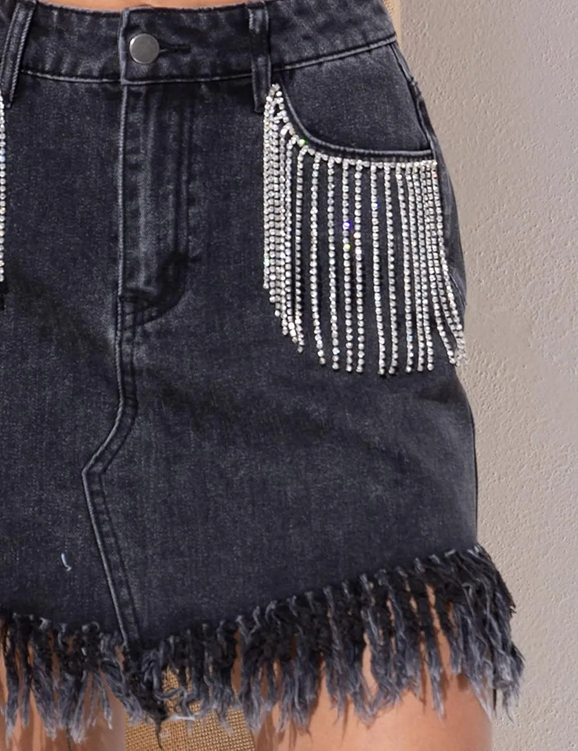 Daacee Sexy Rhinestones Tassel Denim Skirt Summer Frayed Hem Bodycon Jean Mini Dress