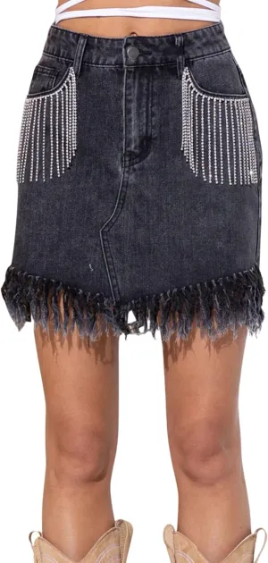 Daacee Sexy Rhinestones Tassel Denim Skirt Summer Frayed Hem Bodycon Jean Mini Dress