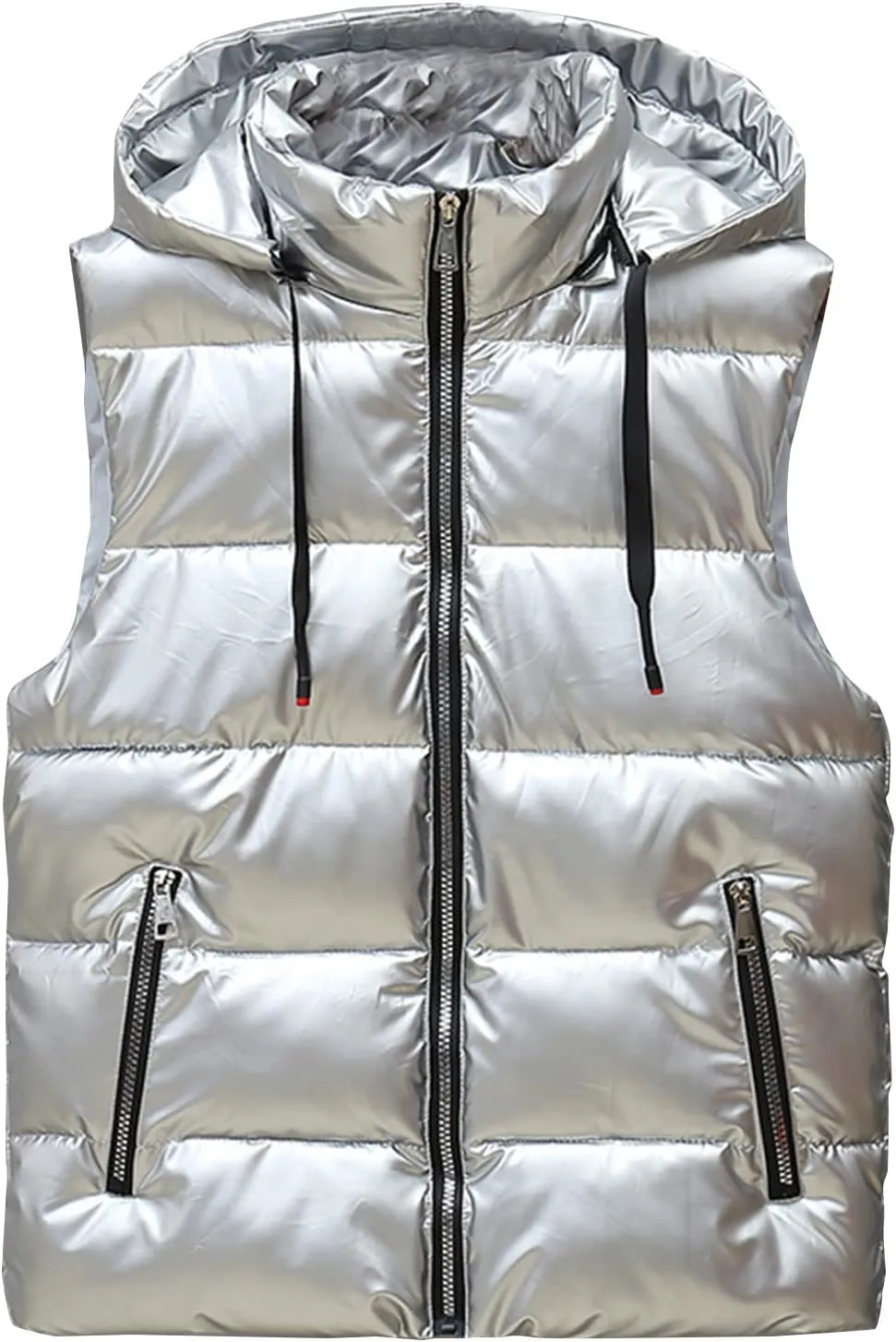 Dgoopd Puffer Vest Men Shiny Hooded Reflective Down Jacket Padded Jacket Vest Thick Quilted Puffer Coat Winter Warm Vest Silver