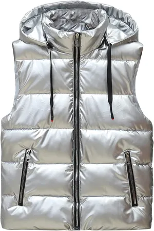 Dgoopd Puffer Vest Men Shiny Hooded Reflective Down Jacket Padded Jacket Vest Thick Quilted Puffer Coat Winter Warm Vest Silver