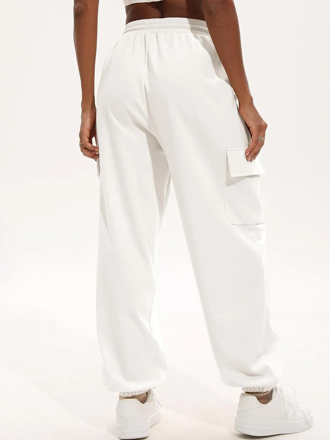 ELLEVEN High Waisted Sweatpants for Women - Baggy Cuffed Jogger with Cargo Pockets and Adjustable Drawstring