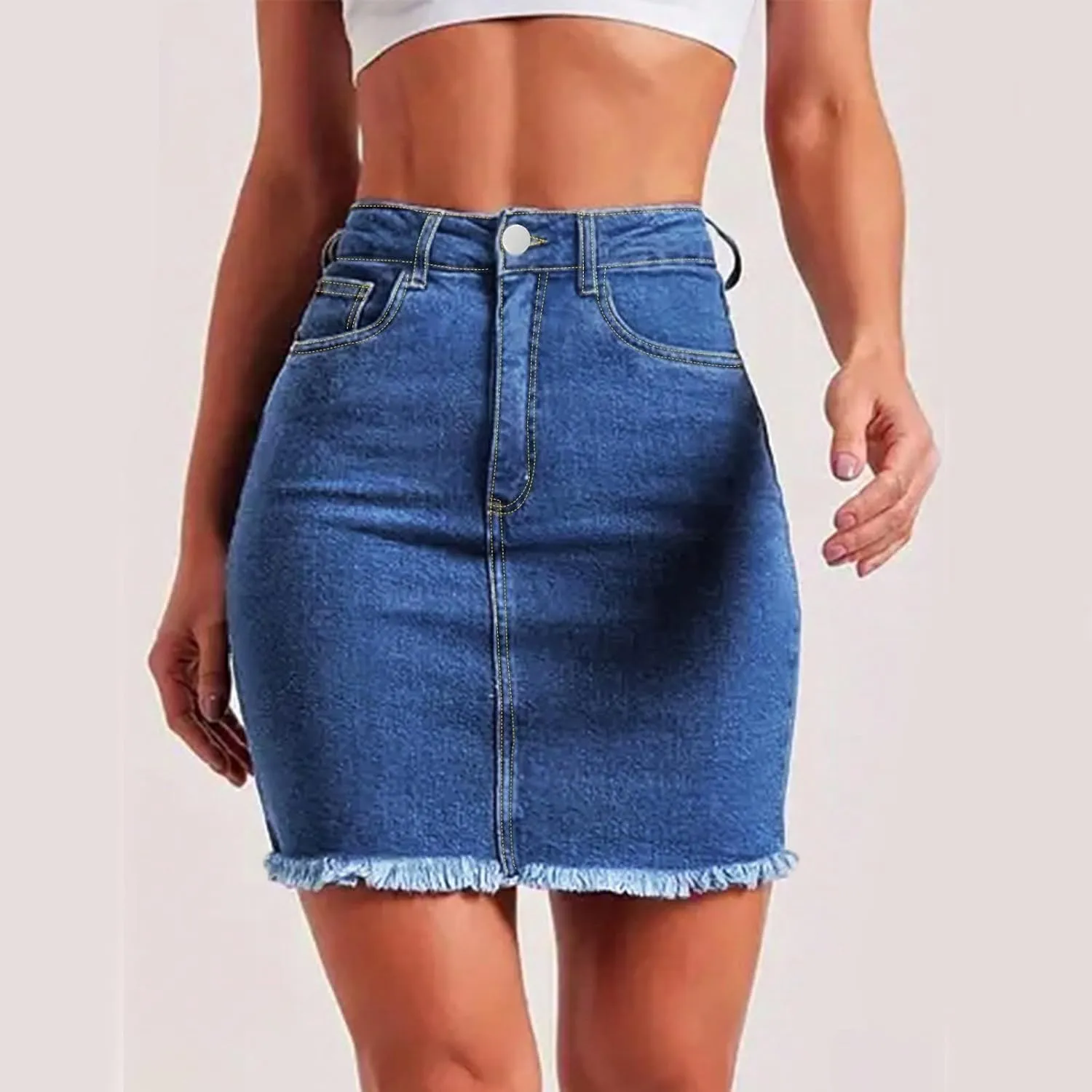 fanmpghleoo High Waisted Denim Skirt Women Raw Hem Pencil Mini Jean Skirt with Pockets Stretchy Bodycon Curvy Summer Skirts