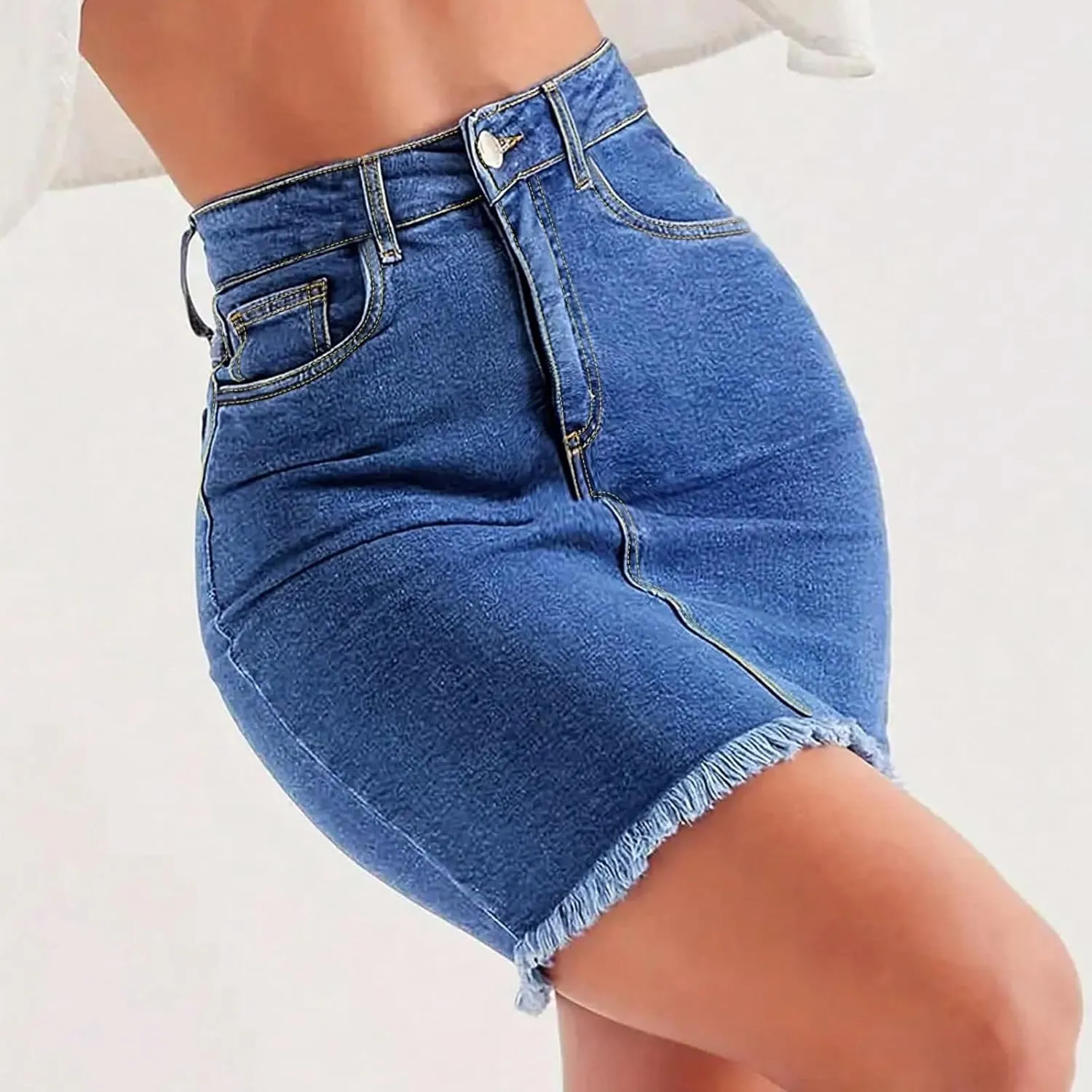 fanmpghleoo High Waisted Denim Skirt Women Raw Hem Pencil Mini Jean Skirt with Pockets Stretchy Bodycon Curvy Summer Skirts