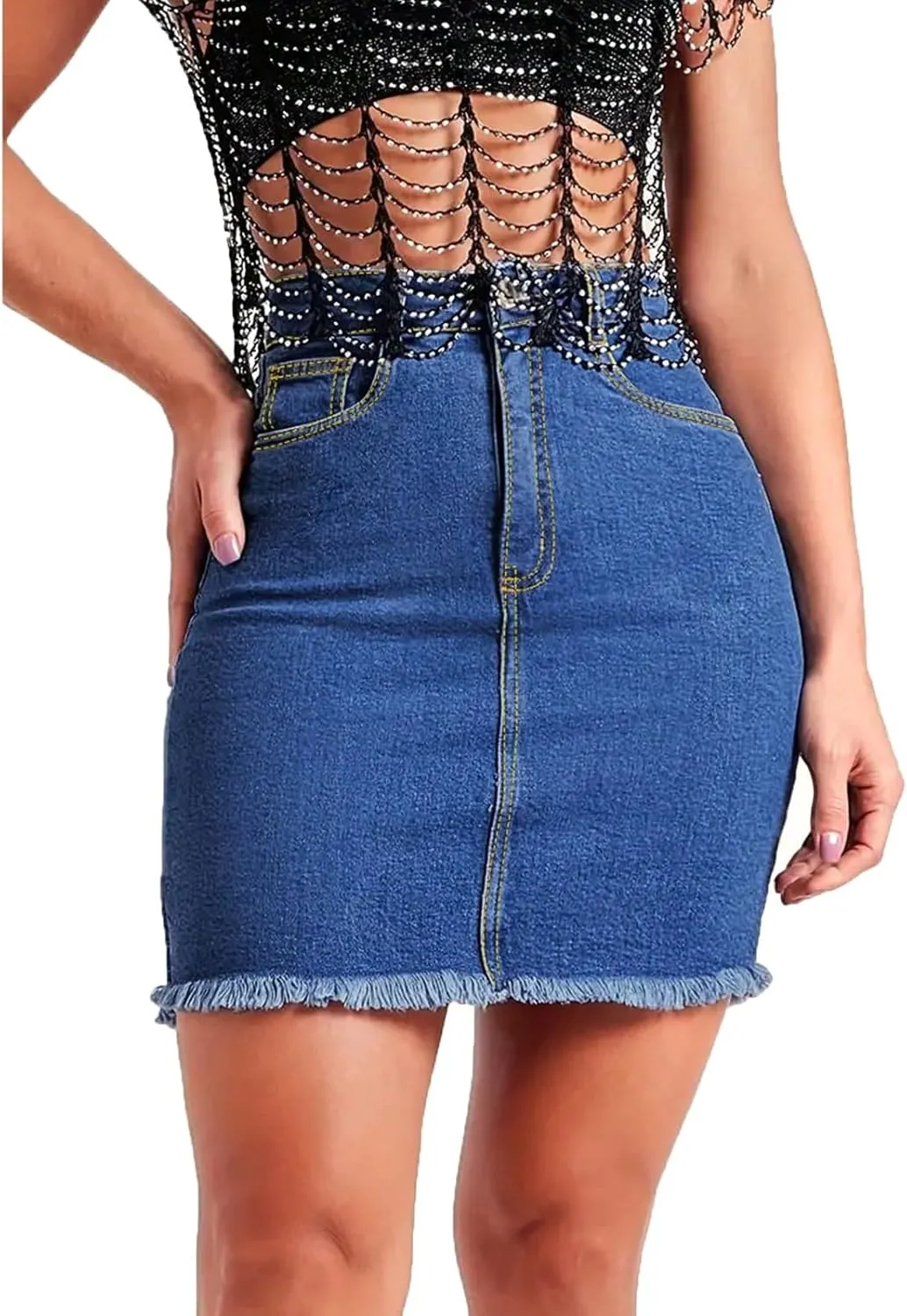 fanmpghleoo High Waisted Denim Skirt Women Raw Hem Pencil Mini Jean Skirt with Pockets Stretchy Bodycon Curvy Summer Skirts