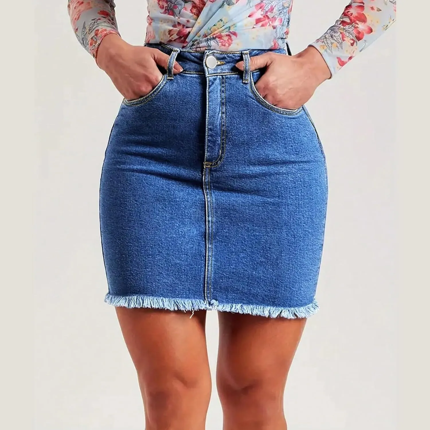 fanmpghleoo High Waisted Denim Skirt Women Raw Hem Pencil Mini Jean Skirt with Pockets Stretchy Bodycon Curvy Summer Skirts