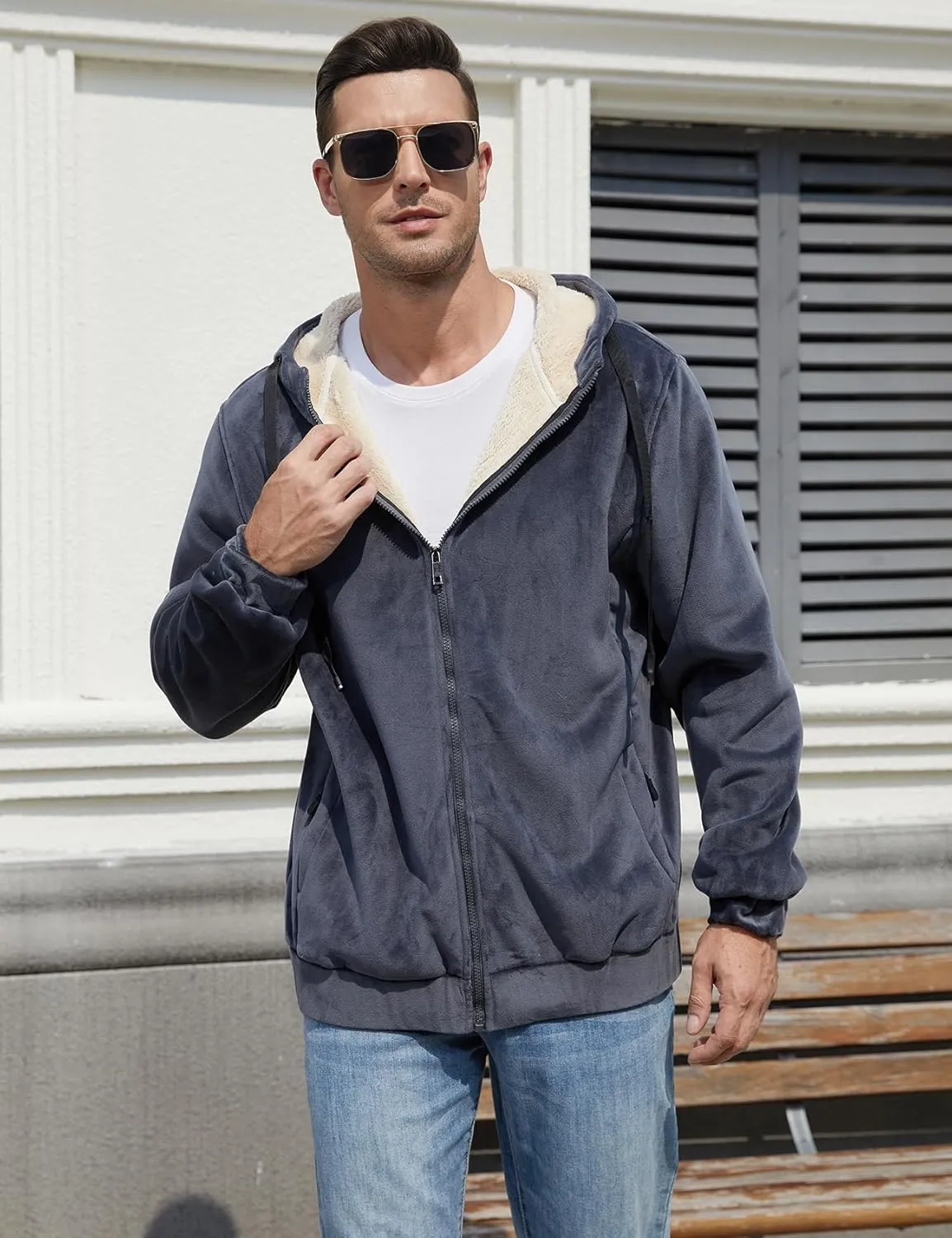 Gihuo Men's Winter Sherpa Lined Hoodie Zip Up Sweatshirt Heavyweight Warm Fleece Jacket with Pockets