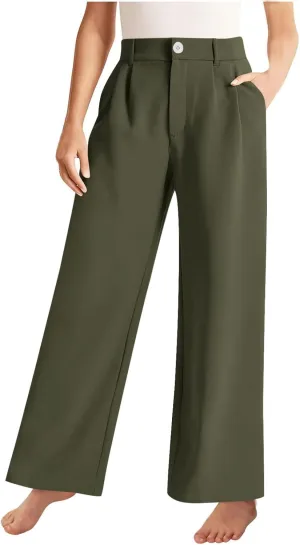 Girls High Waisted Wide Leg Dress Pants Teen Pull On Relaxed Fit Formal Uniform Pants Loose Fit Trousers with Pockets