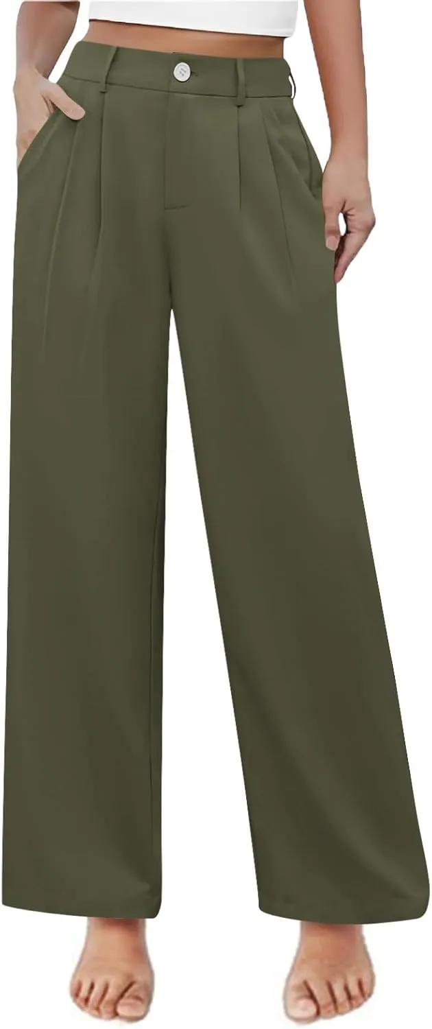 Girls High Waisted Wide Leg Dress Pants Teen Pull On Relaxed Fit Formal Uniform Pants Loose Fit Trousers with Pockets