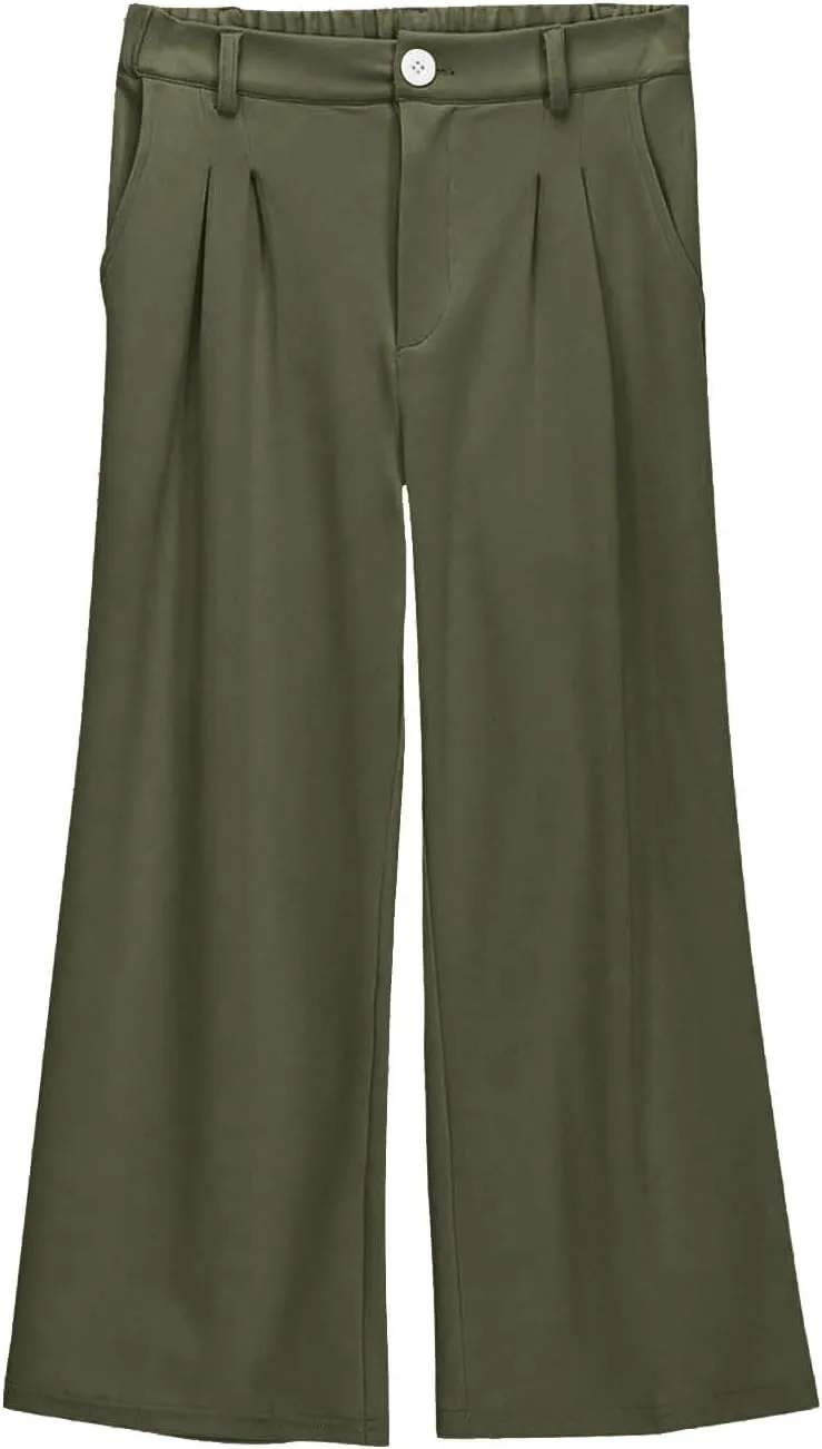 Girls High Waisted Wide Leg Dress Pants Teen Pull On Relaxed Fit Formal Uniform Pants Loose Fit Trousers with Pockets