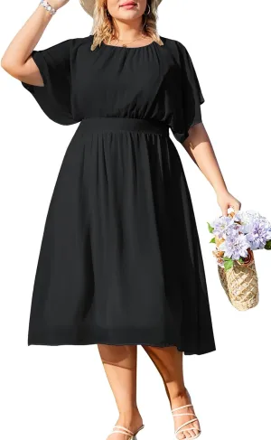 Hanna Nikole Plus Size Chiffon Dresses for Women Flounce Sleeves Empire Waist A Line Summer Beach Dress