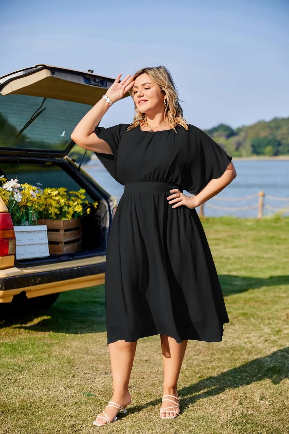 Hanna Nikole Plus Size Chiffon Dresses for Women Flounce Sleeves Empire Waist A Line Summer Beach Dress