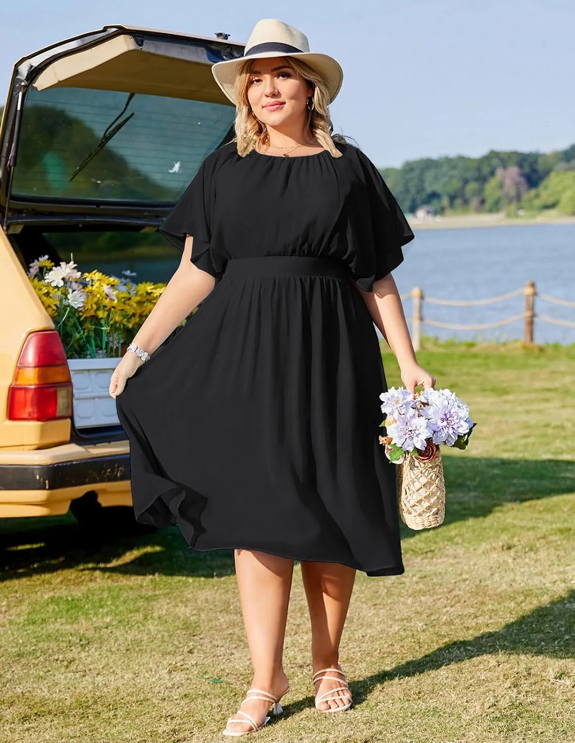 Hanna Nikole Plus Size Chiffon Dresses for Women Flounce Sleeves Empire Waist A Line Summer Beach Dress