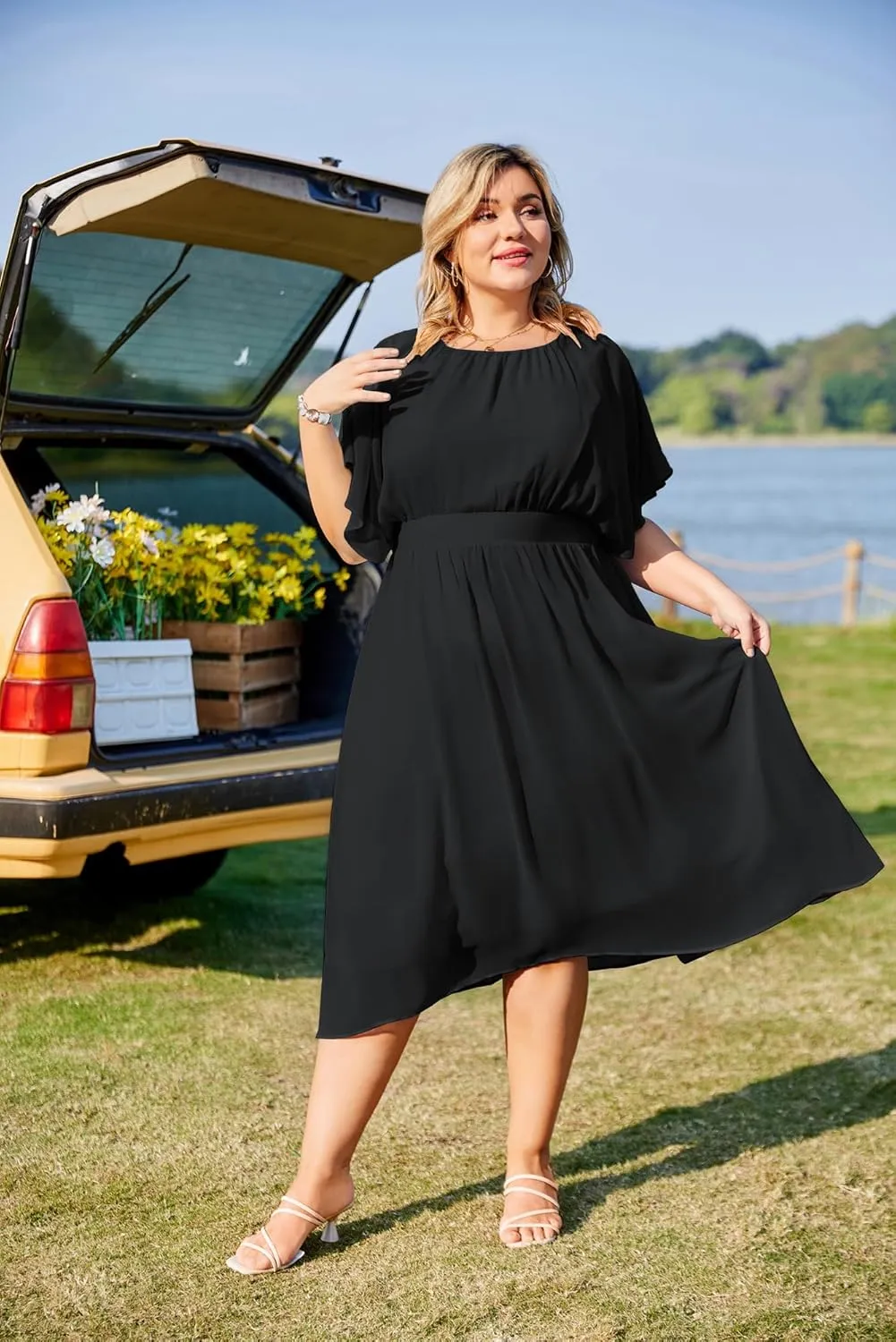 Hanna Nikole Plus Size Chiffon Dresses for Women Flounce Sleeves Empire Waist A Line Summer Beach Dress