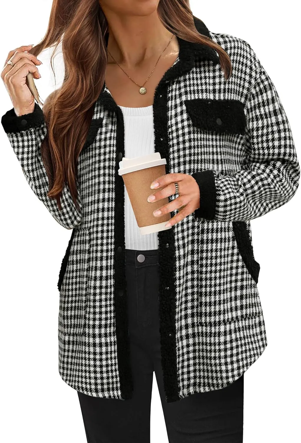 HOTOUCH Pocketed Shacket Jacket Women Fashion Plaid Flannel Shirts Fleece Patchwork Long Sleeve Button Up Sherpa Fuzzy Thick Coats Vintage, M