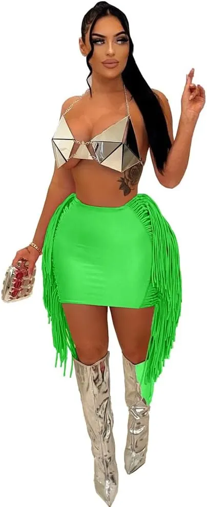 JYAOVO Women's Classic High Waist Bodycon A Line Mini Fringe Pencil Skirt