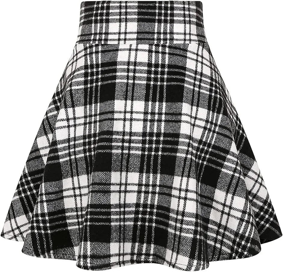 Kinghua Womens Warm Wool Plaid Mini Skirts High Waisted Lace Up Pleated Skater Skirts