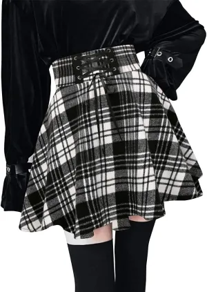 Kinghua Womens Warm Wool Plaid Mini Skirts High Waisted Lace Up Pleated Skater Skirts