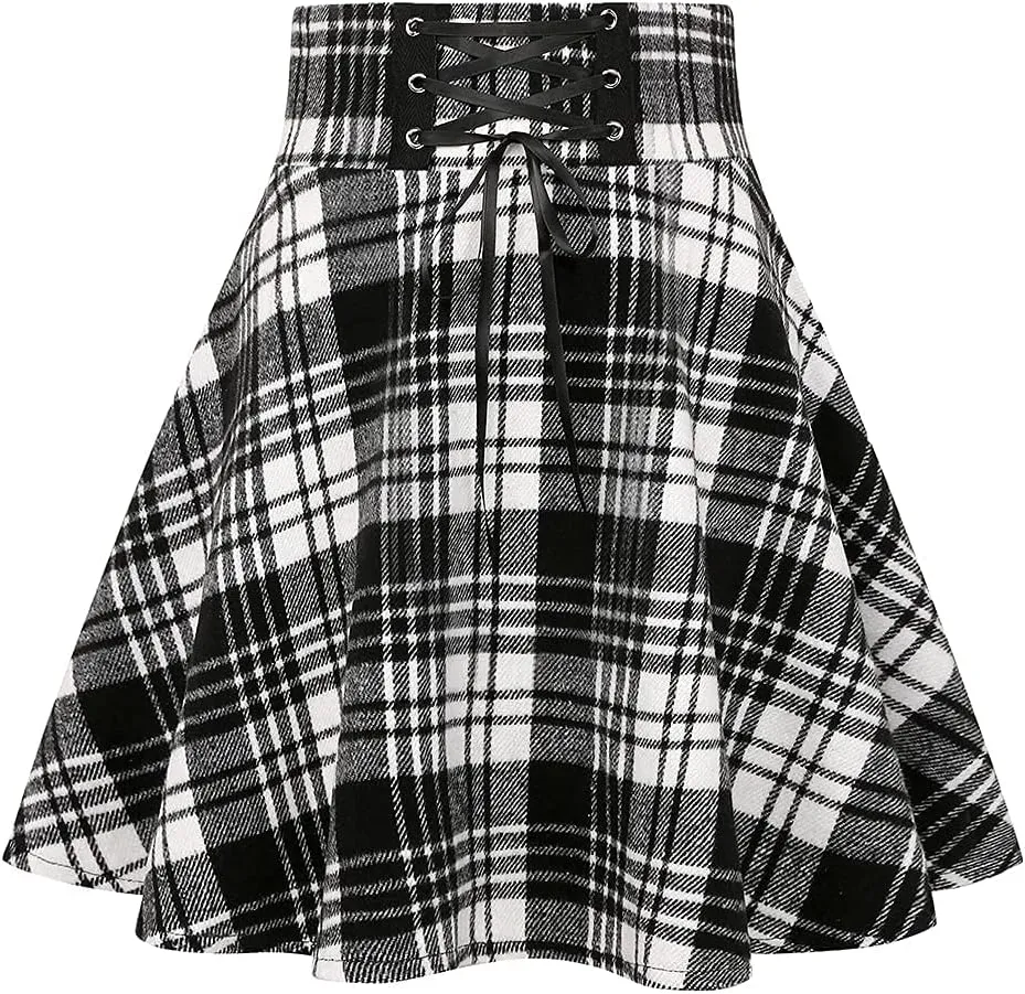 Kinghua Womens Warm Wool Plaid Mini Skirts High Waisted Lace Up Pleated Skater Skirts