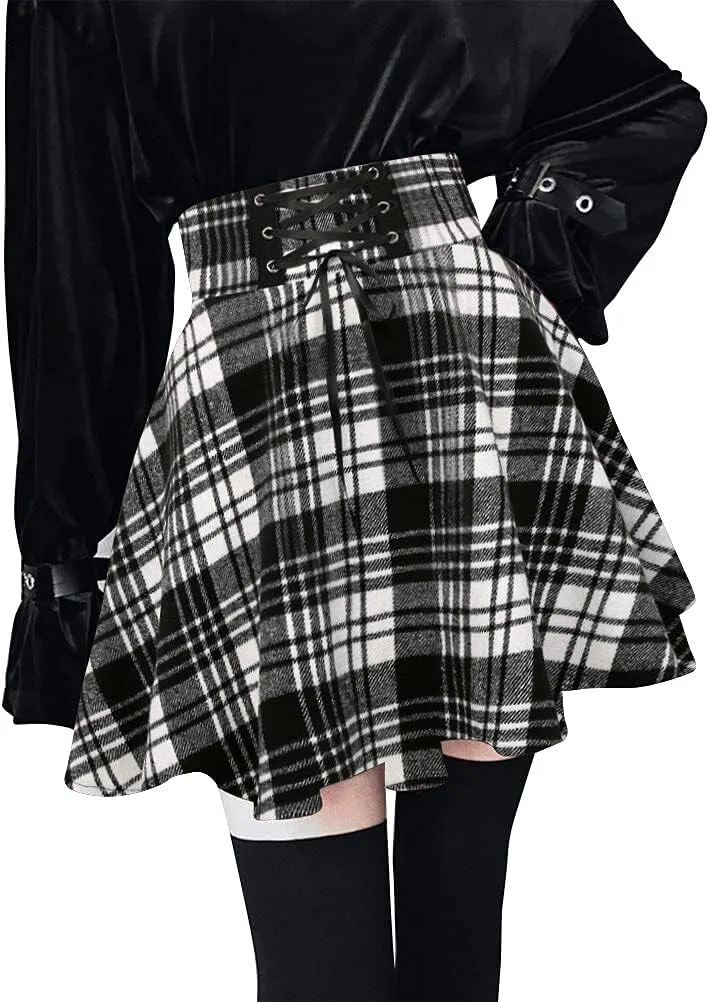 Kinghua Womens Warm Wool Plaid Mini Skirts High Waisted Lace Up Pleated Skater Skirts