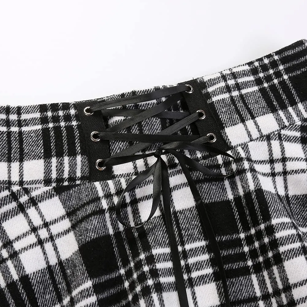 Kinghua Womens Warm Wool Plaid Mini Skirts High Waisted Lace Up Pleated Skater Skirts