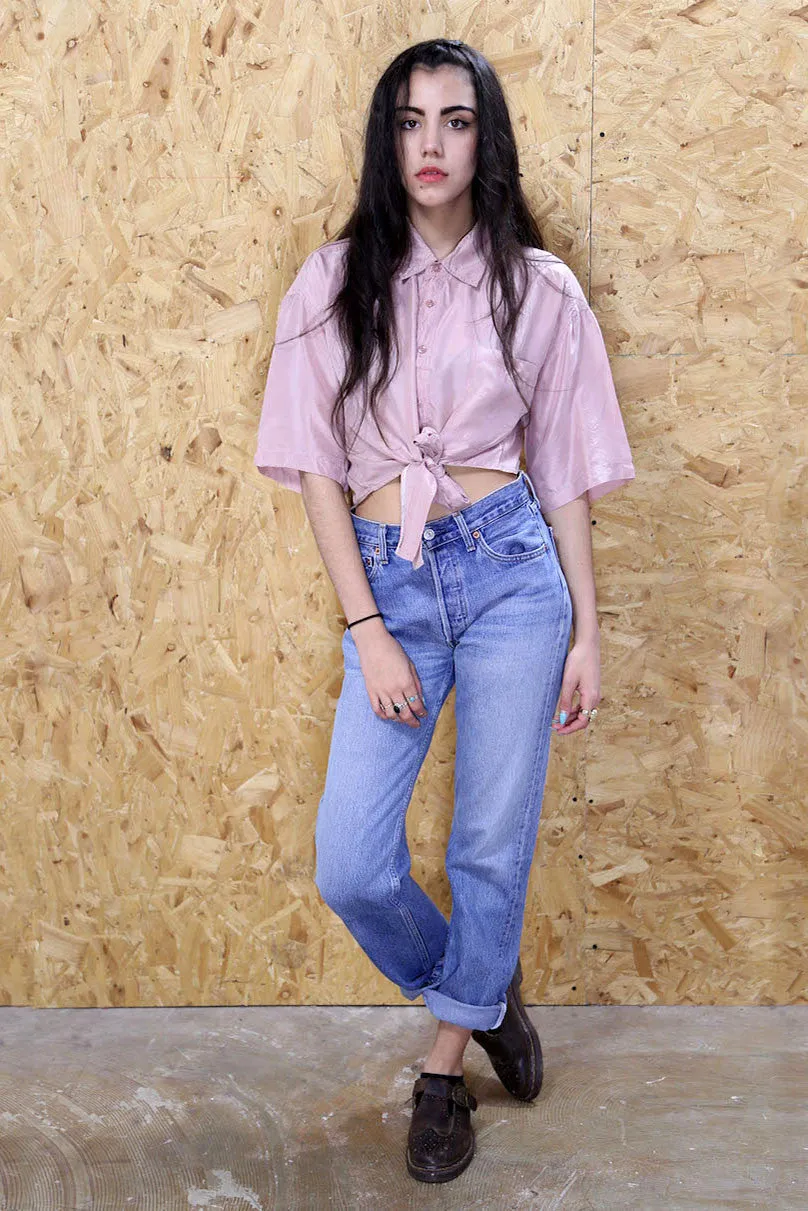 LOOT LABEL Cropped Silk Shirt In Dusty Pink