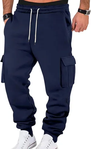 Mens Cargo Sweatpants Cotton Fleece Lined Joggers Pants Baggy Drawstring Elastic Waist Multi Pockets Workout Pants