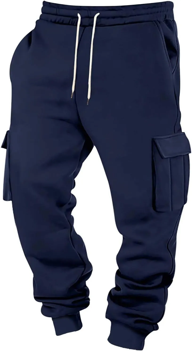 Mens Cargo Sweatpants Cotton Fleece Lined Joggers Pants Baggy Drawstring Elastic Waist Multi Pockets Workout Pants
