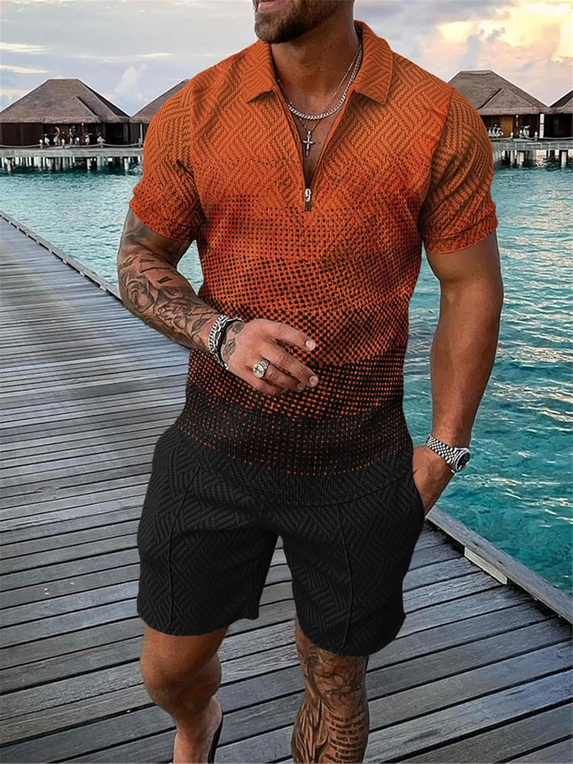 men's short sets outfits 2 piece summer tracksuit short sleeve polo shirt and shorts set casual sport suit