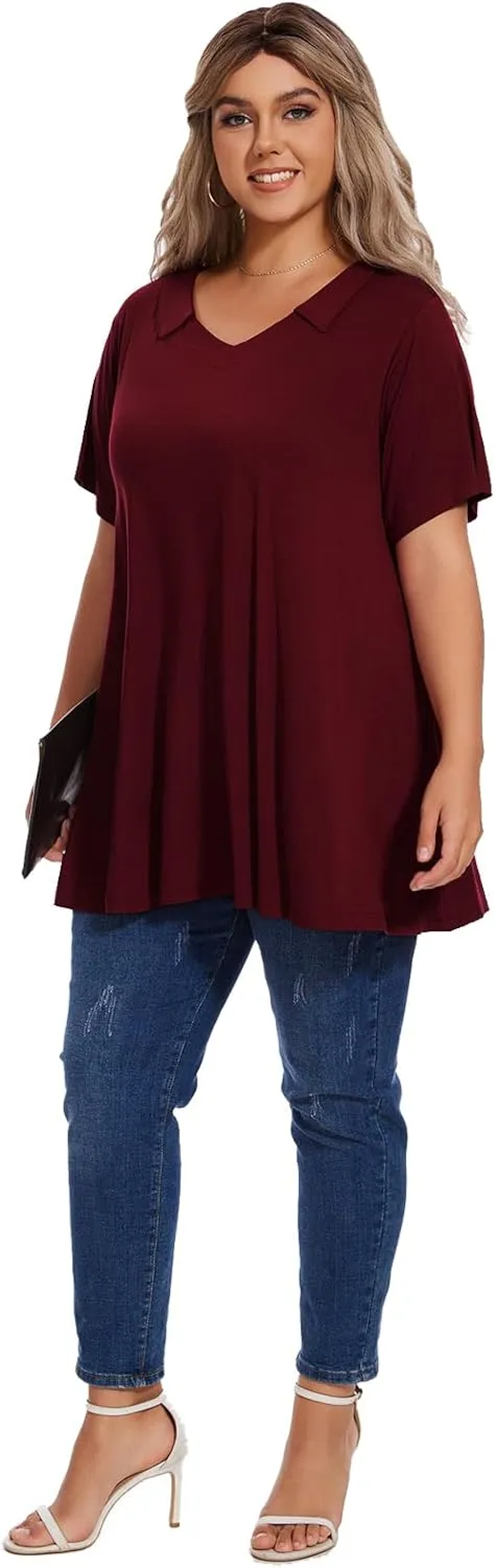 OVERWORETY Women's Plus Size T-Shirt Short Sleeve Lapel V Neck Loose Fitted Polo Tunic Tops