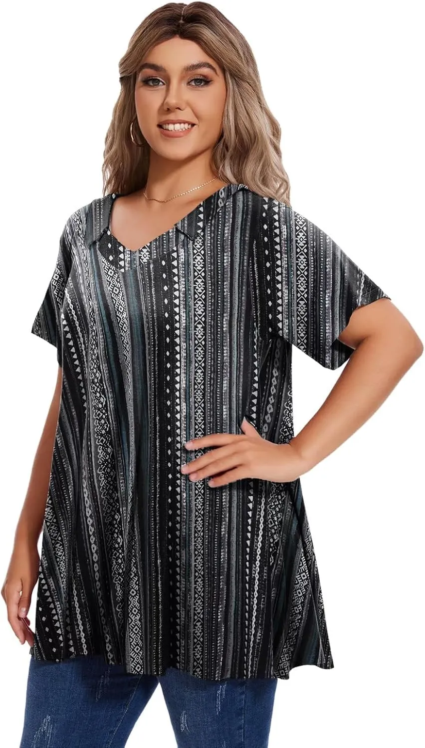 OVERWORETY Women's Plus Size T-Shirt Short Sleeve Lapel V Neck Loose Fitted Polo Tunic Tops