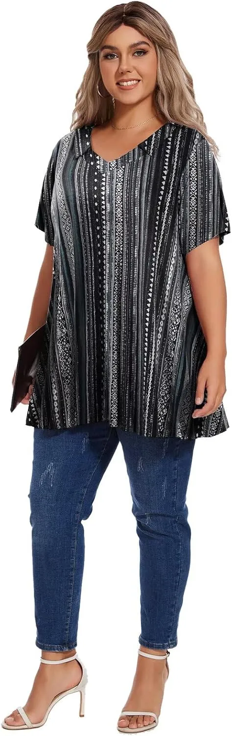 OVERWORETY Women's Plus Size T-Shirt Short Sleeve Lapel V Neck Loose Fitted Polo Tunic Tops