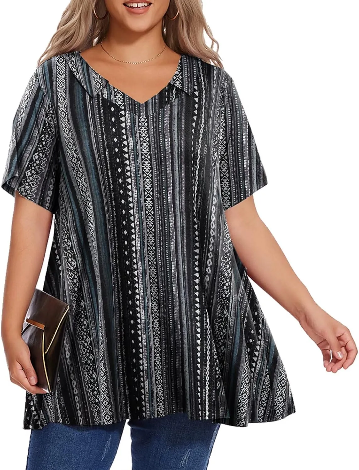 OVERWORETY Women's Plus Size T-Shirt Short Sleeve Lapel V Neck Loose Fitted Polo Tunic Tops