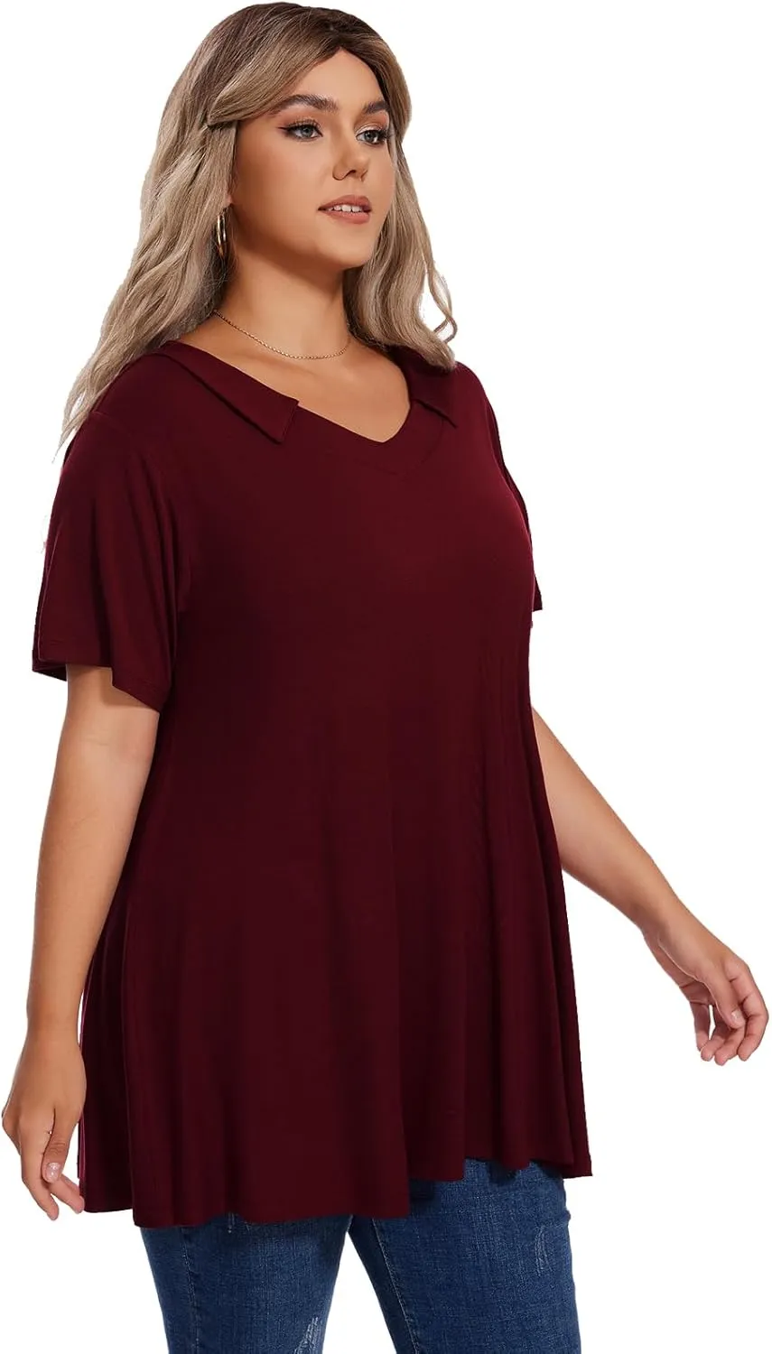 OVERWORETY Women's Plus Size T-Shirt Short Sleeve Lapel V Neck Loose Fitted Polo Tunic Tops