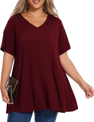 OVERWORETY Women's Plus Size T-Shirt Short Sleeve Lapel V Neck Loose Fitted Polo Tunic Tops