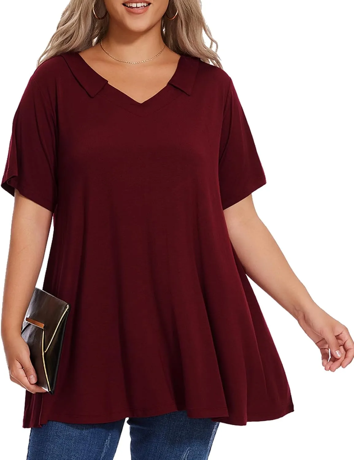 OVERWORETY Women's Plus Size T-Shirt Short Sleeve Lapel V Neck Loose Fitted Polo Tunic Tops