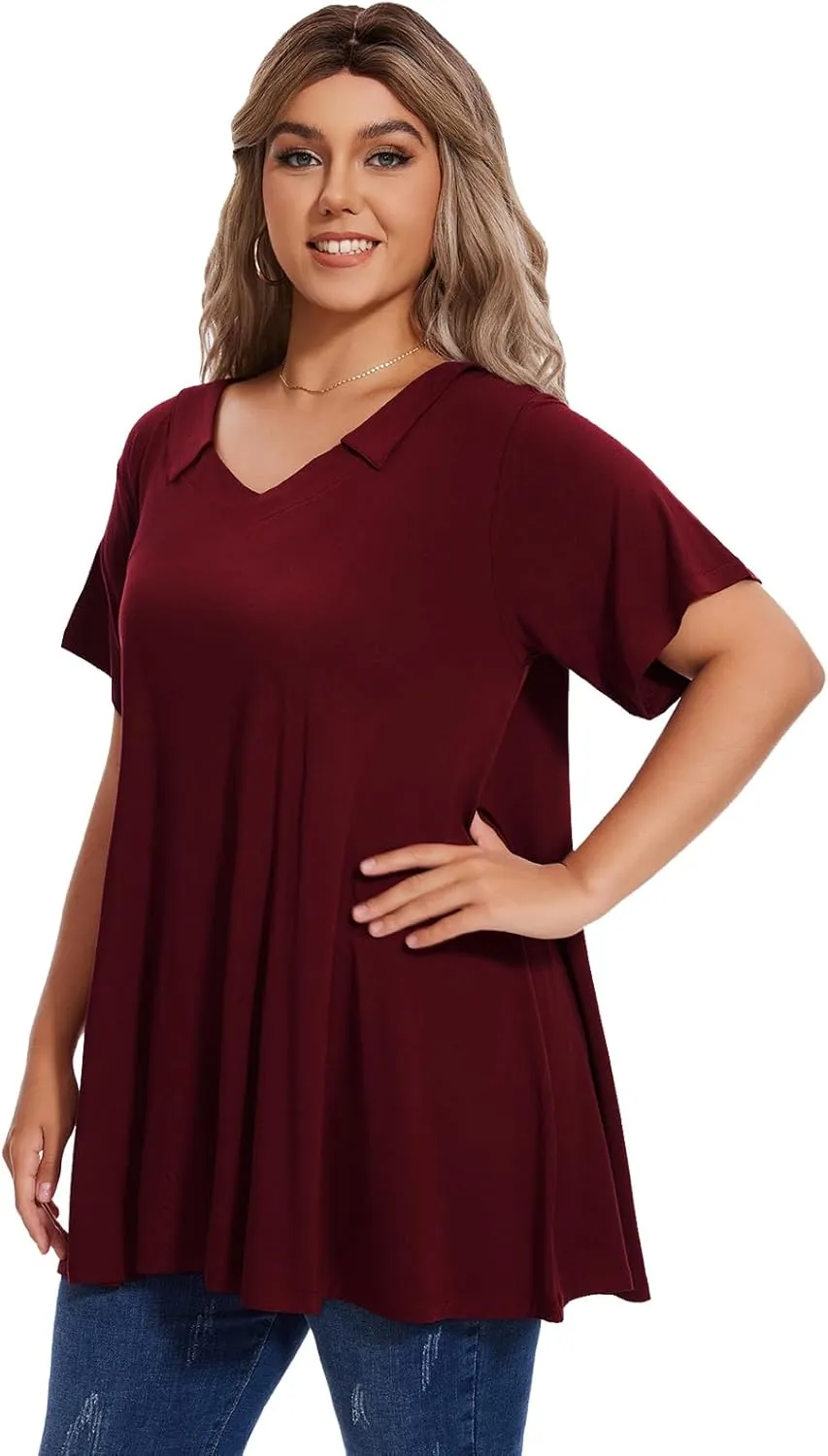 OVERWORETY Women's Plus Size T-Shirt Short Sleeve Lapel V Neck Loose Fitted Polo Tunic Tops